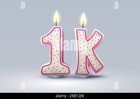 1K Follower von Online-Nutzern, Glückwunschkerzen in Form von Zahlen. Vektordarstellung Stock Vektor