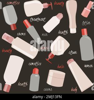 Nahtloses Muster mit Kosmetikflaschen und Text über Schwarz Stock Vektor