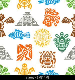 Maya-Azteken-Totems nahtloses Muster. Stoff- oder Textildruck, Einwickelpapier Farbhintergrund mit mexikanischer Maya Kultur, Azteken indische Pyramide, Fisch und Sonne, Adler, Gesichtsmaske Symbole Ornament Stock Vektor