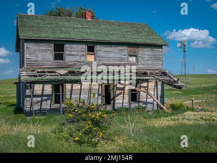 Ein lange verlassenes Haus in der Prärie von South Dakota wird langsam von der Natur zurückgewonnen. Stockfoto