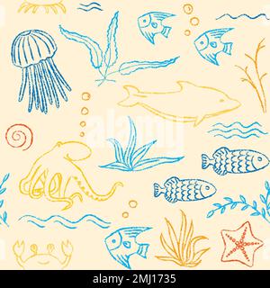 Farbenfrohes, nahtloses Muster mit Meerestieren aus Buntstiften Stock Vektor