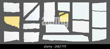 Zerrissene Notizbuchseiten und Reste mit abgerissenen Kanten. Leere weiße und gelbe Schredder, zerrissene Notizen und Papierfragmente, Vektor realistischer ISO-Wert Stock Vektor