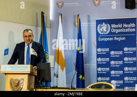 Nikosia, Zypern. 27. Januar 2023. Gesundheitsminister Michalis Hadjipantela spricht während der Veranstaltung am 27. Januar 2023 in Nikosia, Zypern. Die Unterzeichnung einer Vereinbarung zwischen dem Gesundheitsministerium, vertreten durch den Gesundheitsminister, Herrn Michalis Hadjipantela, Und die Weltgesundheitsorganisation, vertreten durch WHO-Regionaldirektor Dr. Hans Henri P. Kluge, für die Eröffnung eines Landbüros in Larnaka, findet heute im Gesundheitsministerium statt. (Foto: Kostas Pikoulas/Sipa USA) Guthaben: SIPA USA/Alamy Live News Stockfoto