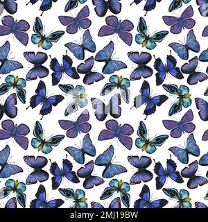 Nahtlos gemustert wunderschöne blau-violette Schmetterlinge. Handgezeichnete Aquarelldarstellung isoliert auf weißem Hintergrund. Kann für Karten, Poster, sti verwendet werden Stockfoto
