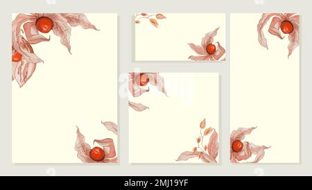Physalis Aquarell Hochzeitseinladungs-Vektorset. Luxuriöse Einladungskarte und Cover-Vorlage. Stock Vektor