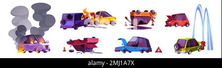 Autounfälle, Verkehrsunfälle auf der Straße. Fahrzeuge kollidieren, zerbrochen und umgeworfen auf Dachwagen, Auto beschädigt mit Feuer und Rauch, Vektorset Stock Vektor