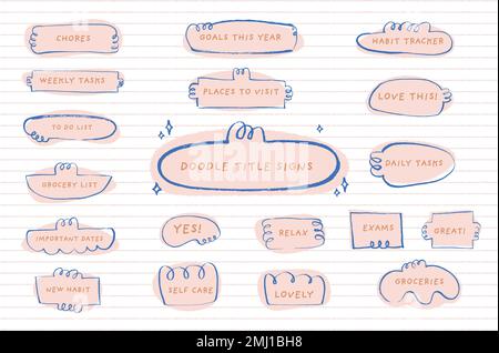 Niedliche handgezeichnete Kritzeltitelrahmen und Sterne für Zeitschriften und Infografiken. Stock Vektor