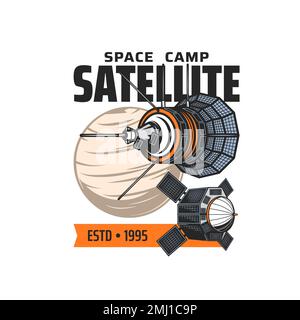 Weltraumsatellitensymbol. Galaxy Exploration und Sonnensystem Planeten Forschung, Weltraumprogramm Retro-Vektorzeichen oder -Symbol, Vintage-Symbol mit Telekommunikations-, Navigations- oder Wettersatelliten Stock Vektor