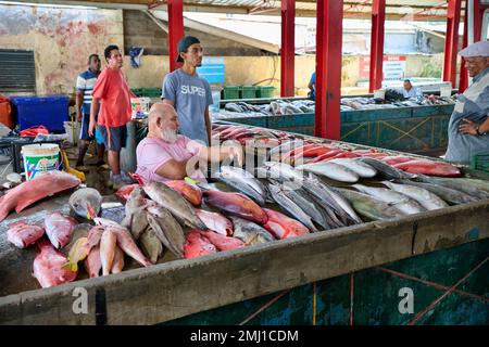 Fischmarkt auf Sir Selwyn Clarke Market, Victoria, Mahe, Seychellen Stockfoto