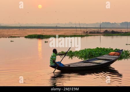 Mann rudert sein Boot auf dem Ganges bei Sonnenuntergang in der Mündungsregion Purbasthali, Burdwan District in Westbengalen, Indien Stockfoto