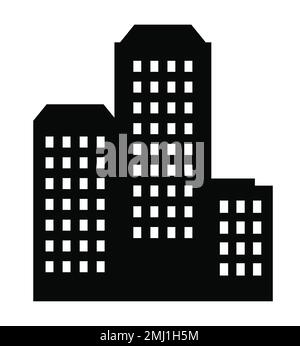 Dieser Satz von Illustrationen zeigt einen schwarzen Wolkenkratzer und ein flaches Gebäude, beide Silhouetten vor dem Hintergrund von Stadtgebäuden Stock Vektor