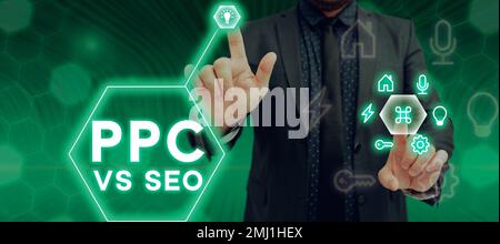 Textunterschrift mit PPC vs. Seo, Word für Pay per Click und Suchmaschinenoptimierungsstrategien Stockfoto