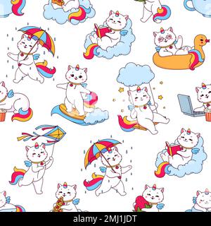 Süße Caticorn-Charaktere mit nahtlosem Muster. Lustige Katzentiere mit Einhornhornvektorhintergrund. Kawaii-Katze und Kätzchen mit Regenbogenschwänzen, Hörnern und Schirmen, Wolken, Pizza, Büchern Stock Vektor