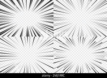 Manga-transparenter Hintergrund, Comic-Explosion. Abstrakte Vektor-Anime-Comics Buch Flash Light Frames, monochrome Ränder mit radialen Linien. Super Hero Burst, Ray Blast Glow, Speed Motion-Effekt Stock Vektor