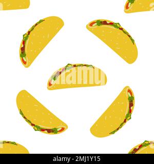 Nahtloses Muster mit Illustration traditioneller mexikanischer Tacos auf weißem Hintergrund Stock Vektor