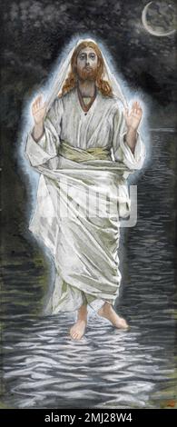 James Tissot. Gemälde mit dem Titel "Jesus Walks on the Sea (Jésus marche sur la mer)" des französischen Künstlers Jacques Joseph Tissot (1836 -1902), undurchsichtige Aquarelle über Graphit auf grauem gewebtem Papier, c.1886-94. Um seine verängstigten Apostel auf stürmischem Meer zu beruhigen, geht Jesus über das Wasser, aber das erschreckt sie noch mehr, da sie ihn für einen Moment als Geist betrachten Stockfoto