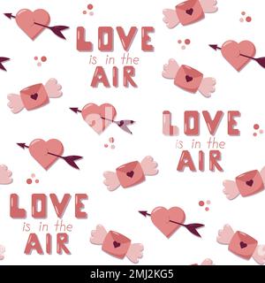 Valentinstag Konzept nahtloses Muster mit Vektorelementen und Buchstaben mit Flügeln und Herzen. Liebe liegt in der Luft. Rosafarbener Hintergrund Stock Vektor