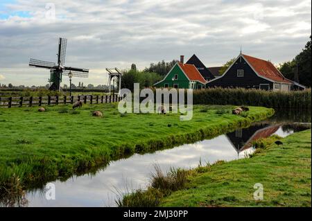 Eine kleine Windmühle in einem alten Dorf in Holland. Stockfoto