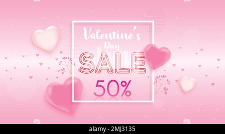 Frohes valentinstag-Sale-Banner. Urlaubshintergrund mit fliegenden Ballons und Luftschlangen. Vektordarstellung für Website, Poster, Anzeigen, Coupons, Aktion Stock Vektor