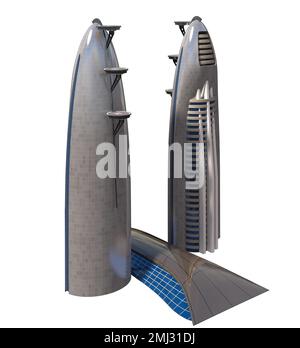 Futuristische Stadtarchitektur aus dem Jahr 3D mit dem isolierten Pfad in der Abbildung. Stockfoto