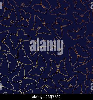 Lineares goldenes Muster von Schmetterlingen auf dunkelblauem Hintergrund für Druck und Design. Vektordarstellung. Stock Vektor