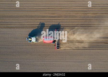 Draufsicht über Traktor mit pneumatischem Sämaschinen, landwirtschaftliche Maschine zum Aussaaten, Feldarbeiten im Frühjahr Stockfoto