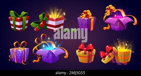 Set aus offenen und geschlossenen Geschenkboxen, isoliert im Hintergrund. Vektordarstellung bunter gestreifter, gepunkteter und karierter Überraschungspakete mit wi-Dekoration Stock Vektor