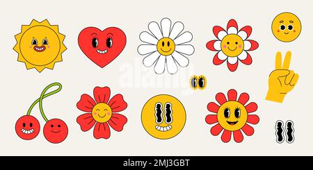 Abstrakte Hipster Cool Modemoji, lustige verschiedene Charaktere, Retro-Sticker, Pflaster und Pins. Vektordarstellung in flacher Form Stock Vektor