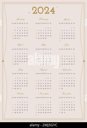 Kalender 2024 im minimalistischen Stil. US-amerikanisches Gitter. Vektorvorlage Stock Vektor