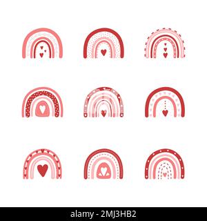 Ein Set Valentinsregenbogen mit Herzen. Romantische Clipart-Elemente im Bo-Stil. Kindliche Vektordarstellung für Poster, Aufkleber, Textil, Logo Stock Vektor