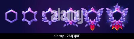 Lila Sechseckrahmen von Avataren. Fantasy-Abzeichen mit leuchtenden Rändern mit Lorbeer, Edelsteinen, Krone und rotem Wimpel, Vektor-Cartoon-Set Isolat Stock Vektor