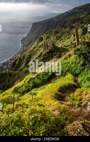 Abendliche Atmosphäre, Miradouro da Raposeira, Klippen, Küste und Meer, Paul do Mar, Madeira, Portugal Stockfoto