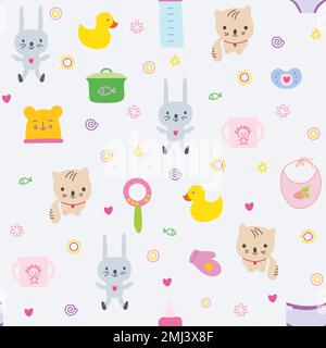 Nahtloses Muster mit Babyartikeln, Häschen und Kätzchen. Nahtloses Muster für Babys. Stock Vektor