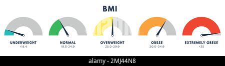 Body-Mass-Index oder Mass-Index-Skala. BMI-Typen. Gewichtsverlust-Konzept. Vektor-isolierte Darstellung Stock Vektor