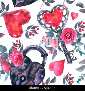 Nahtloses Muster auf weißem Hintergrund aus der Valentinstagskollektion. Ein Schloss und ein Schlüssel mit Herzform, rotem Herzdiamanten und Blumen. handdr Stockfoto