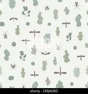 Nahtloses Muster mit Foresterinsekten, Käfern, Bäumen. Vektordarstellung für Flammbahn, Stoff, Papier, Wrap. Stock Vektor
