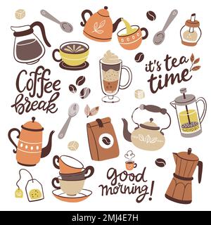Sammlung von Kaffee- und Teeprodukten. Bunte Cliparts mit Teekannen, Tassen, Kaffee, Kräutertees... Isolierte Objekte auf weißem Hintergrund. Hintergrund t Stock Vektor