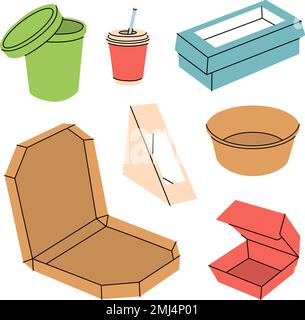 Pappkartons zum Mitnehmen. Straßennahrungsmittelverpackungen. Lieferbehälter aus Papier und Kunststoff Verschlossene und geöffnete Take-Away-Kisten. Pakete zum Mitnehmen Stock Vektor