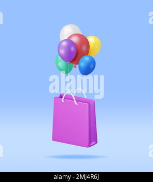 3D Einkaufstasche mit Ballons isoliert. Stock Vektor