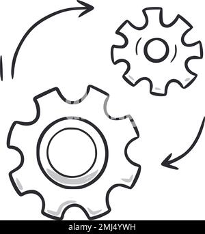 Zahnradmechanik. Von Hand gezeichnetes Symbol für den Skizzenstil des Zahnrads. Technologie-Engine, Idee, gezeichnetes Teamkonzept. Vektordarstellung. Stock Vektor