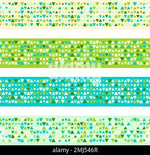 Farbenfrohe gemusterte nahtlose Ränder mit gemischten kleinen Punkten. Set aus abstrakten geometrischen 4-Hintergründen, grüne Farben Stock Vektor