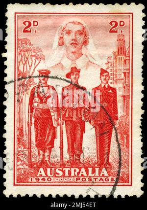 AUSTRALIEN - CIRCA 1940: Ein in AUSTRALIEN gedruckter Stempel zeigt die australische Beteiligung am Zweiten Weltkrieg, Serie um 19: The Nurse, Sailor, Soldier and Aviator Stockfoto