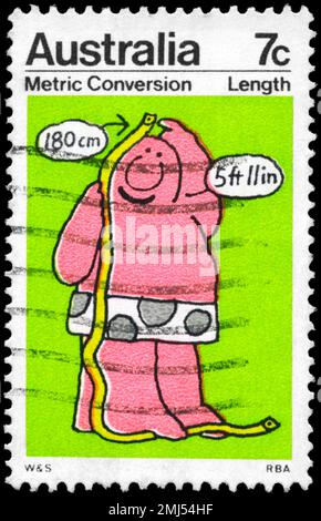 AUSTRALIEN - CA. 1973: Ein in AUSTRALIEN gedruckter Stempel zeigt die Serie Längenmaß, metrische Umrechnung, ca. 1973 Stockfoto