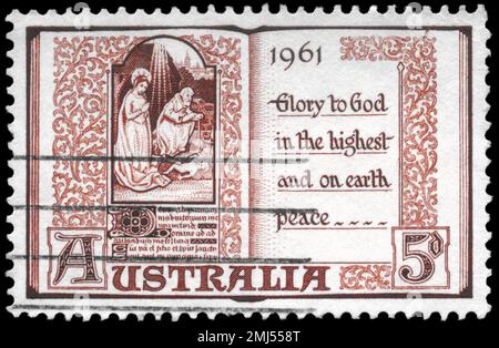 AUSTRALIEN - CA. 1961: Ein in AUSTRALIEN gedruckter Stempel zeigt die Seite aus dem Buch der Stunden, ca. 1961 Stockfoto