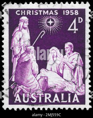 AUSTRALIEN - CIRCA 1958: Ein in AUSTRALIEN gedruckter Stempel zeigt die Weihnachtsserie Nativity, circa 1958 Stockfoto