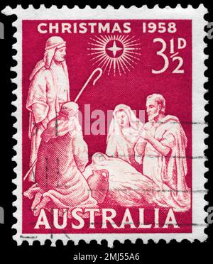 AUSTRALIEN - CIRCA 1958: Ein in AUSTRALIEN gedruckter Stempel zeigt die Weihnachtsserie Nativity, circa 1958 Stockfoto