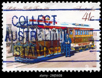 AUSTRALIEN - CA. 1989: Ein in AUSTRALIEN gedruckter Stempel zeigt die Cable Car, Melbourne, 1886, Serie, ca. 1989 Stockfoto