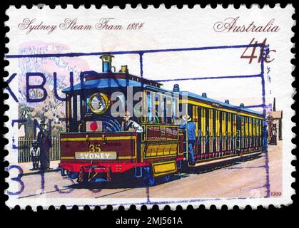 Australien - CIRCA 1989: A Briefmarke gedruckt in Australien zeigt die Dampfstraßenbahn, Sydney, 1884, Serie, circa 1989 Stockfoto