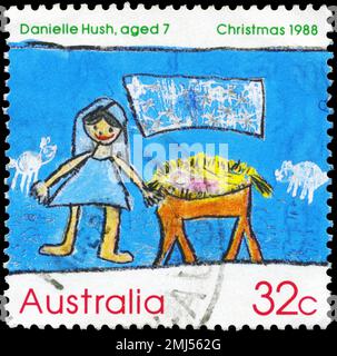 AUSTRALIEN - CIRCA 1988: Ein in AUSTRALIEN gedruckter Stempel zeigt die Geburtsszene, von Danielle Hush, 7 Jahre, preisgekrönte Zeichnungen des Children's Design Contest Stockfoto