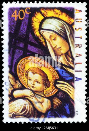 AUSTRALIEN - CA. 1995: Ein in AUSTRALIEN gedruckter Stempel zeigt die Weihnachtsserie Madonna and Child, ca. 1995 Stockfoto